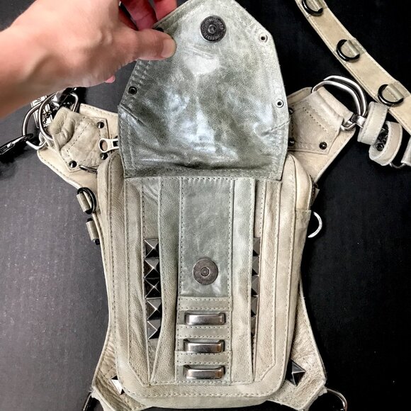 Jungle Tribe Belt Bag Gray Leather Studded Utility Crossbody Handbag Fanny Pack - Picture 7 of 17